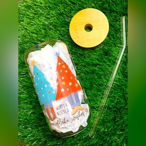 Winter wonderland glass Libby cup with bamboo lid and straw, Brand NEW! UV DTF